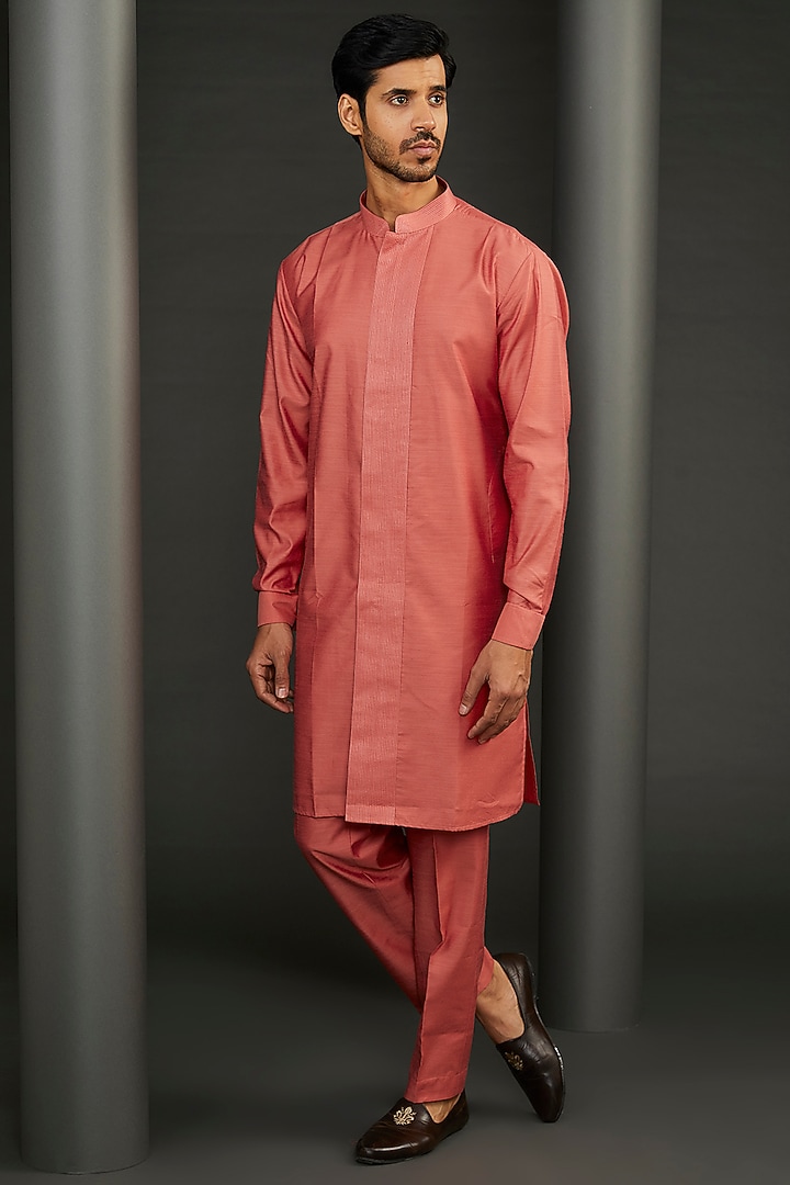 Rust Cotton Silk Embroidered Wedding Sherwani Set by GUJRALS at Pernia's Pop Up Shop