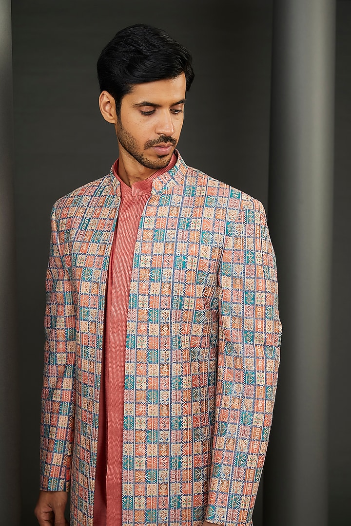 Rust Cotton Silk Embroidered Wedding Sherwani Set by GUJRALS at Pernia's Pop Up Shop