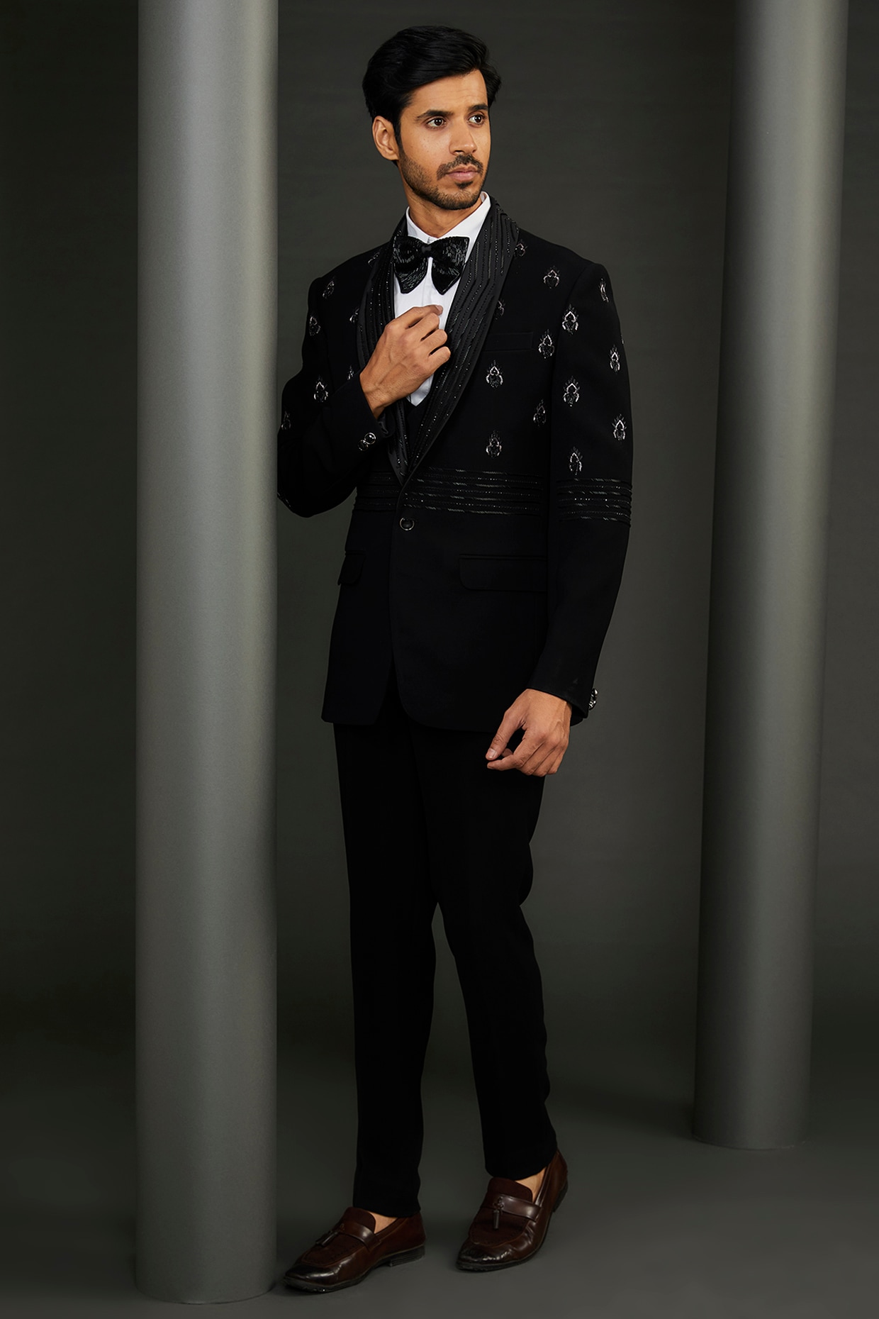 Black Rayon Motif Embroidered Tuxedo Set Design by GUJRALS at Pernia's Pop  Up Shop 2024