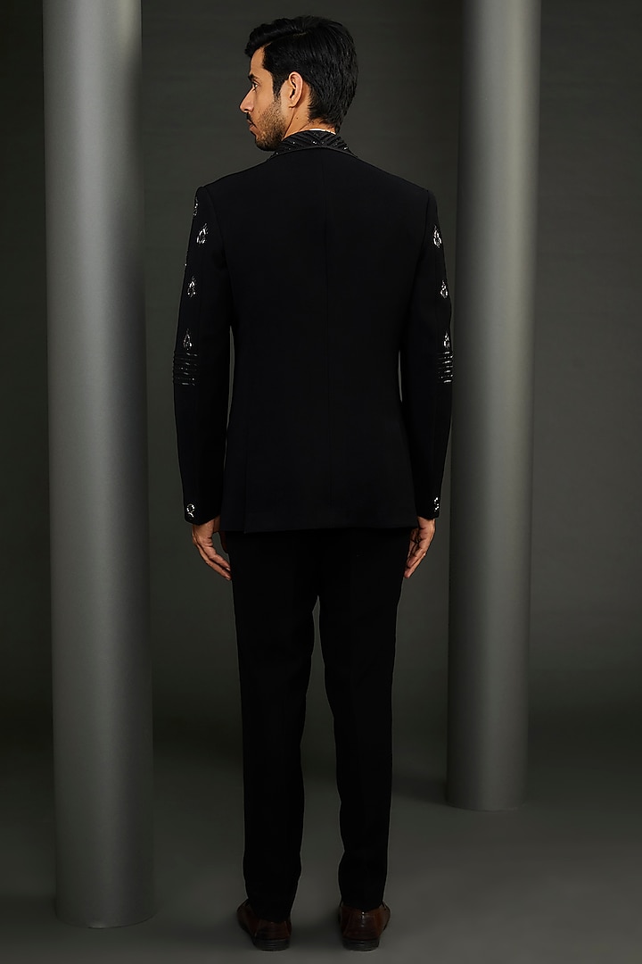 Black Rayon Motif Embroidered Tuxedo Set by GUJRALS at Pernia's Pop Up Shop