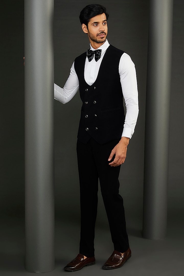 Black Rayon Motif Embroidered Tuxedo Set by GUJRALS at Pernia's Pop Up Shop