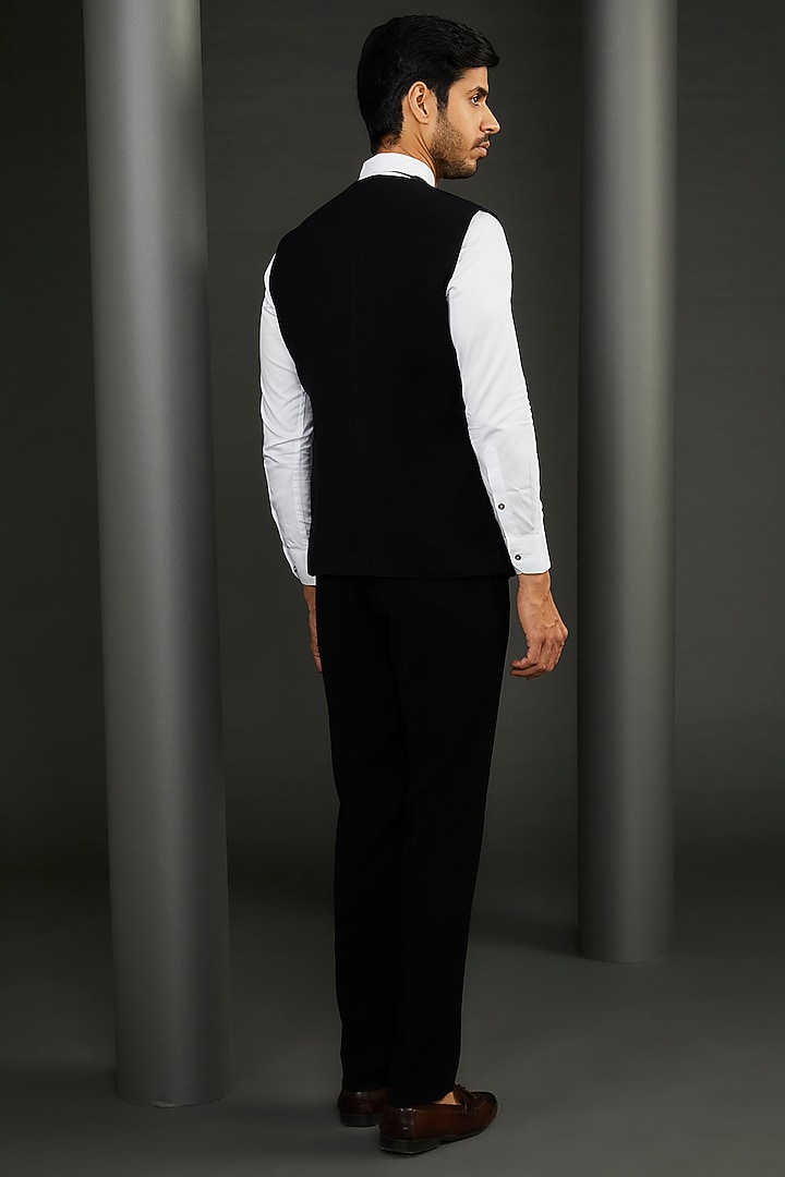 Black Rayon Motif Embroidered Tuxedo Set by GUJRALS at Pernia's Pop Up Shop