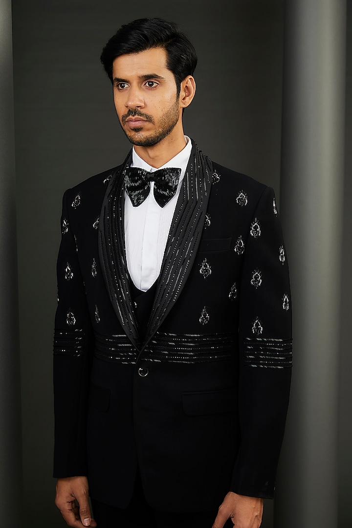 Black Rayon Motif Embroidered Tuxedo Set by GUJRALS at Pernia's Pop Up Shop