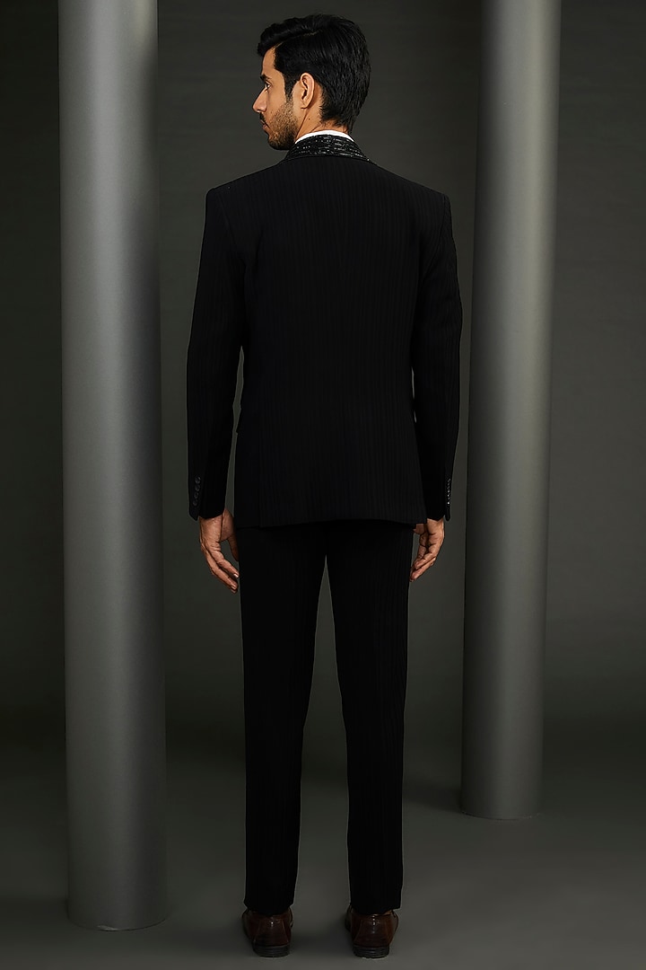 Black Rayon Embellished Tuxedo Set by GUJRALS at Pernia's Pop Up Shop