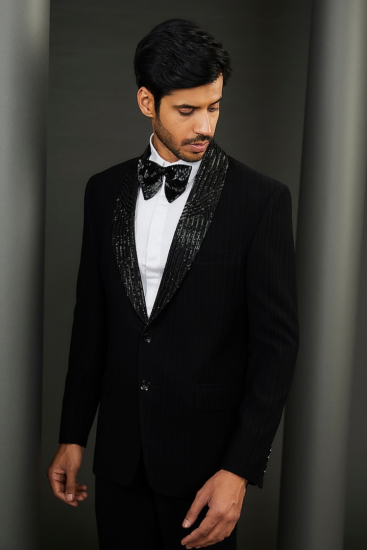 Black Rayon Embellished Tuxedo Set by GUJRALS at Pernia's Pop Up Shop