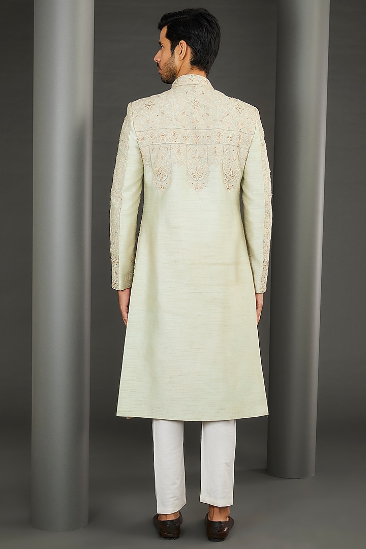 Green Silk Embroidered Groom Sherwani Set by GUJRALS at Pernia's Pop Up Shop