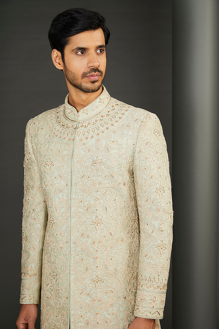 Green Silk Embroidered Groom Sherwani Set by GUJRALS at Pernia's Pop Up Shop
