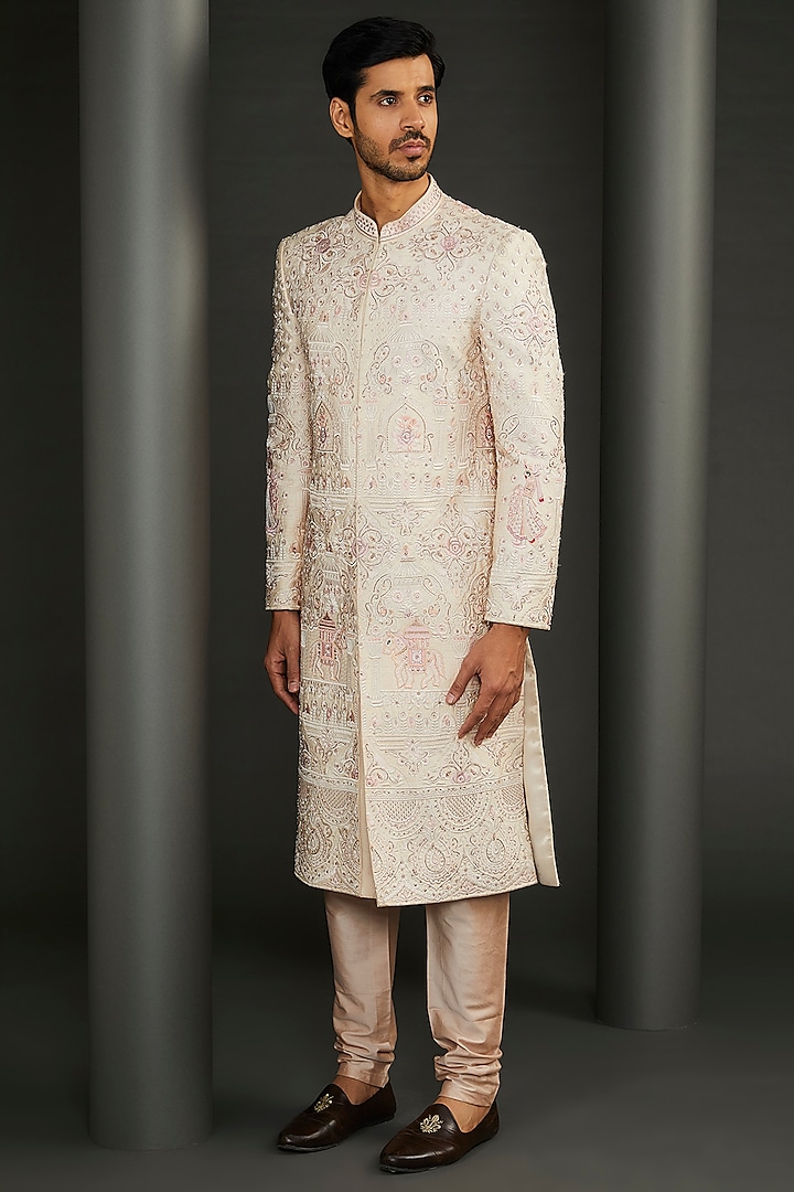 Rose Gold Silk Hand Embellished Sherwani Set by GUJRALS