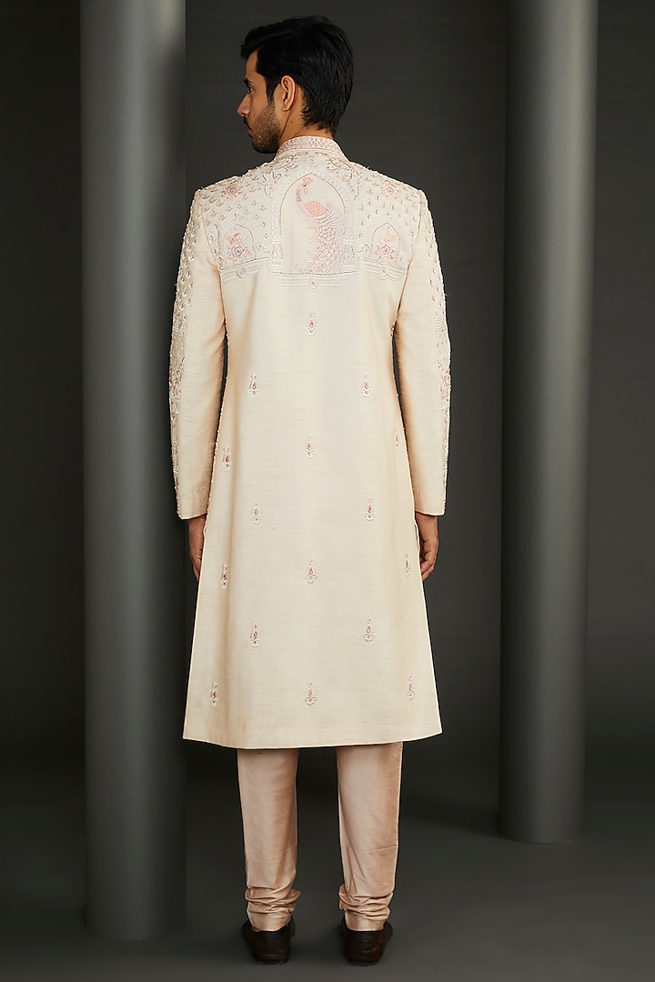 Rose Gold Silk Hand Embellished Groom Sherwani Set by GUJRALS at Pernia's Pop Up Shop