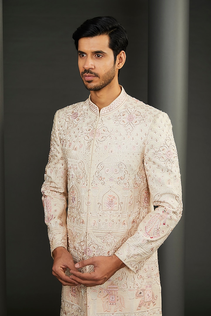 Rose Gold Silk Hand Embellished Groom Sherwani Set by GUJRALS at Pernia's Pop Up Shop