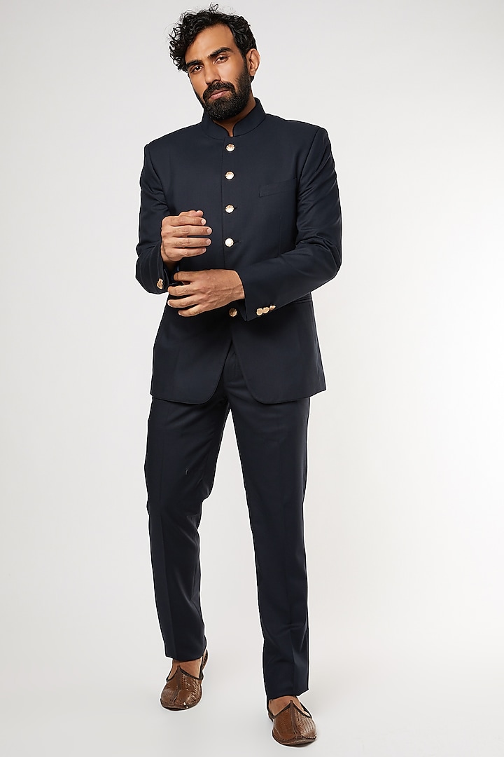 Navy Blue Suit Set With Gold Buttons by GUJRALS