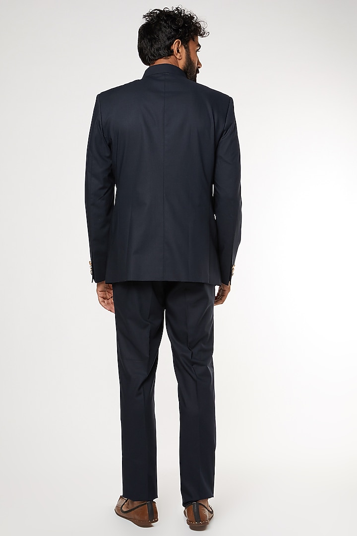 Navy Blue Italian Fabric Bandhgala Set by GUJRALS at Pernia's Pop Up Shop