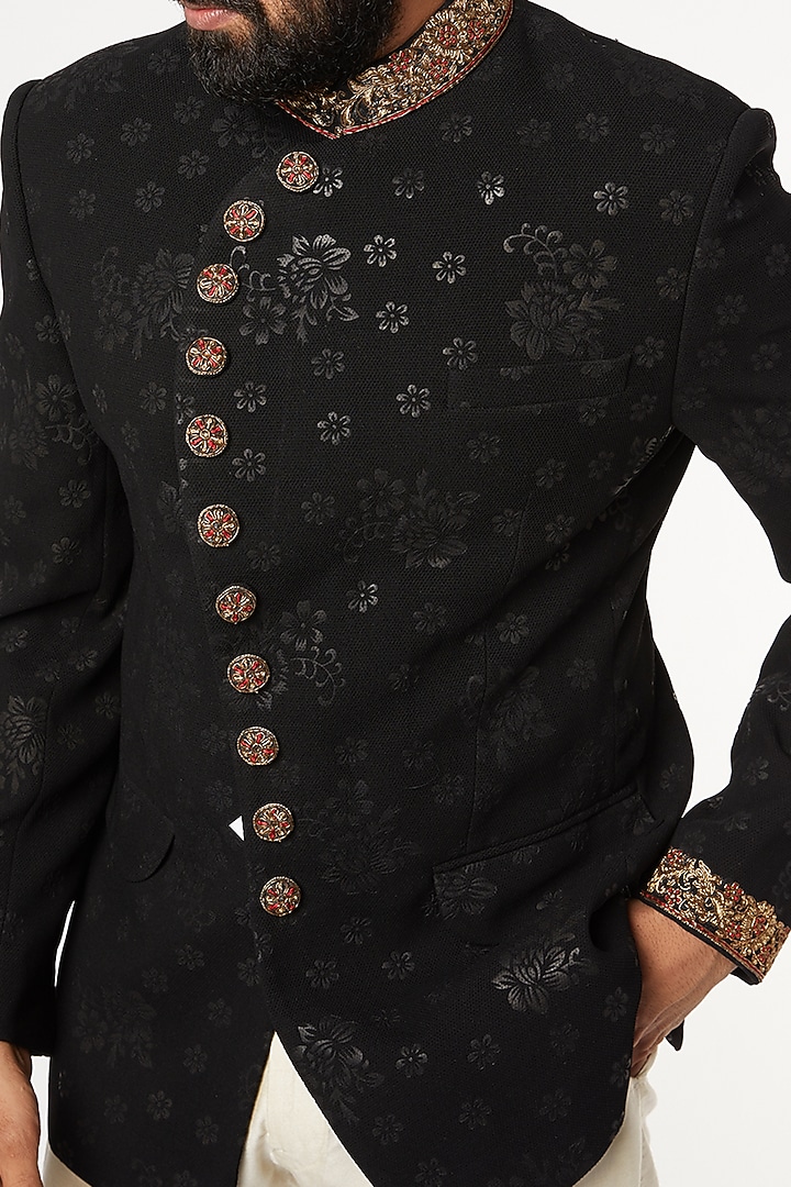 Black Silk Thread Embroidered Wedding Bandhgala Set by GUJRALS at Pernia's Pop Up Shop