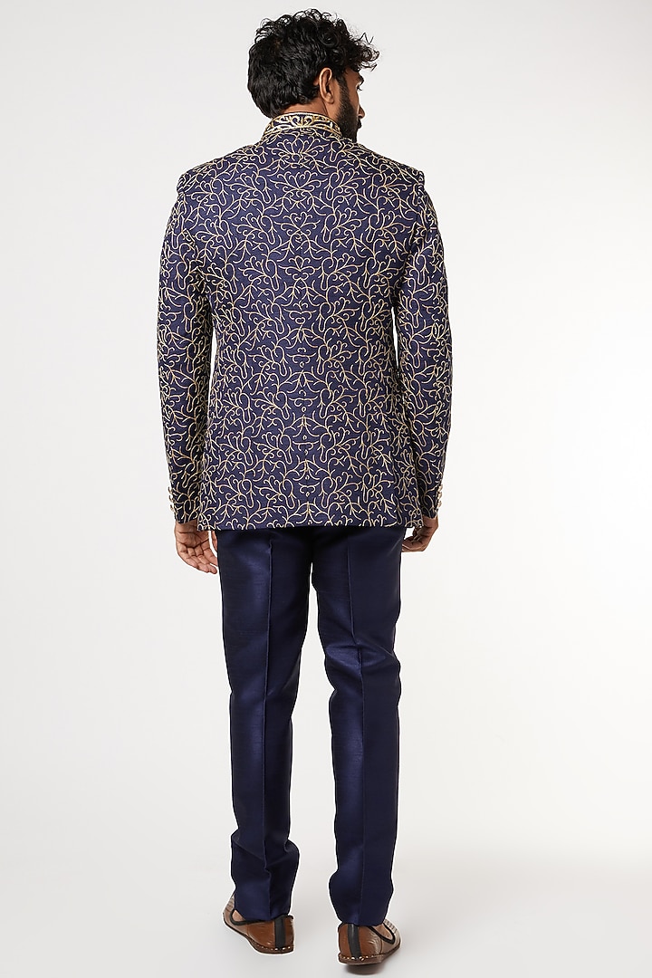Blue Silk Thread Embroidered Bandhgala Set by GUJRALS at Pernia's Pop Up Shop
