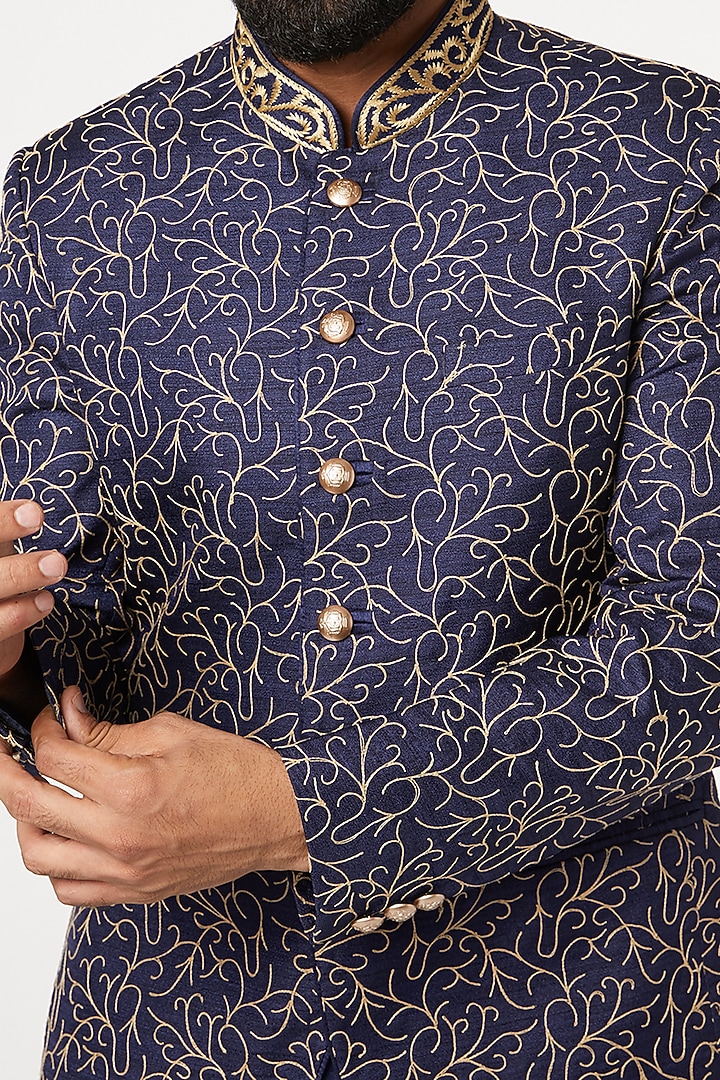 Blue Silk Thread Embroidered Bandhgala Set by GUJRALS at Pernia's Pop Up Shop