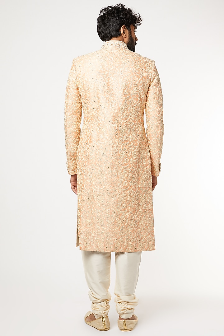 Peach Embroidered Wedding Sherwani Set by GUJRALS at Pernia's Pop Up Shop