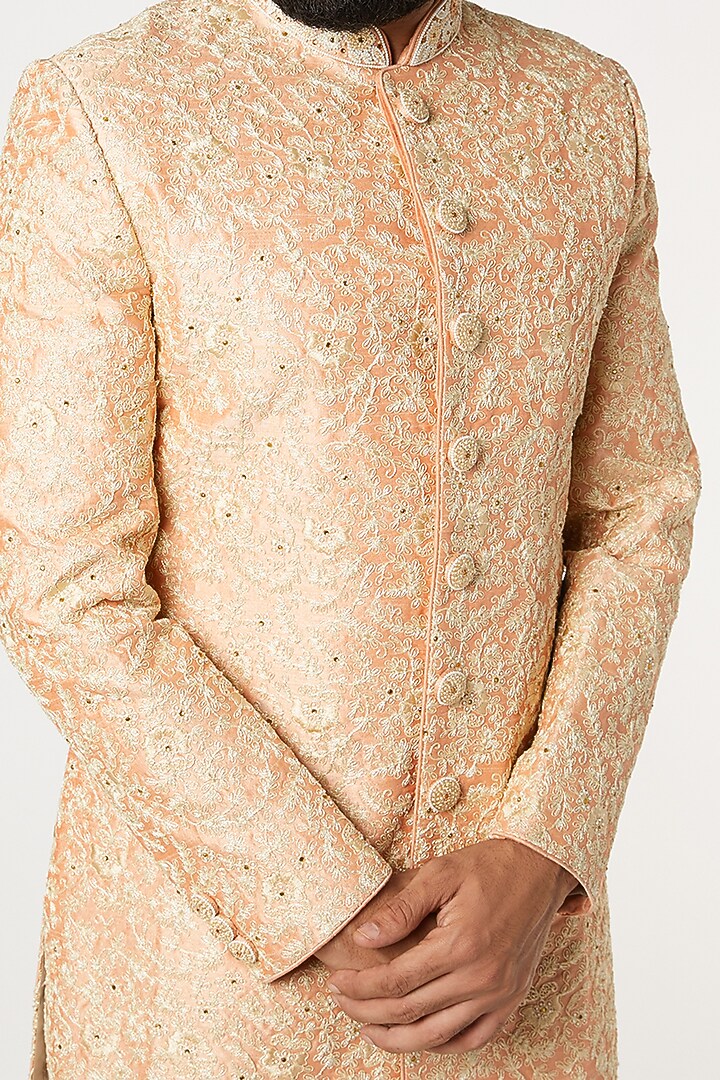 Peach Embroidered Wedding Sherwani Set by GUJRALS at Pernia's Pop Up Shop