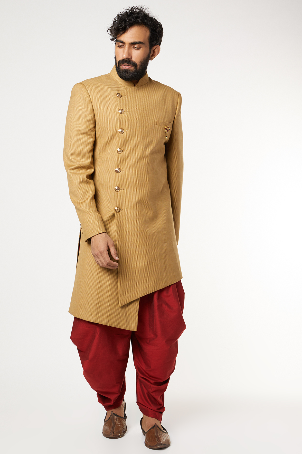 Gold Silk Asymmetrical Indowestern Set by GUJRALS at Pernia's Pop Up Shop