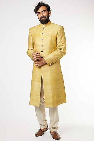 Yellow Achkan Sherwani Set by GUJRALS