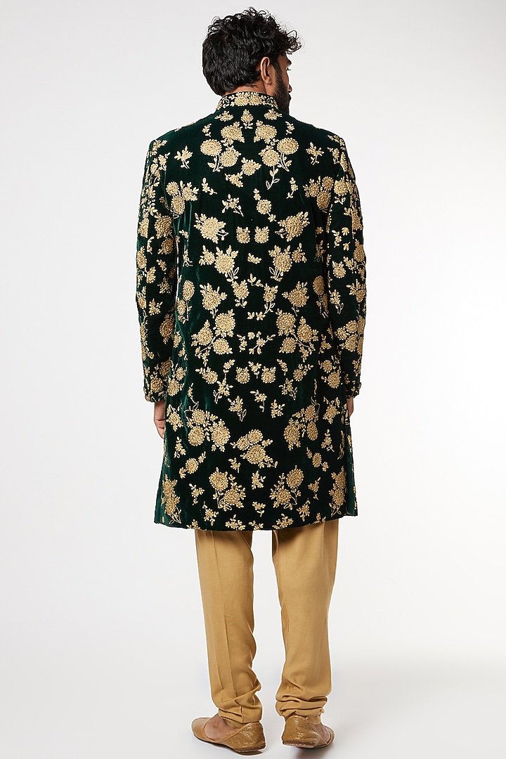 Green Embroidered Wedding Sherwani Set by GUJRALS at Pernia's Pop Up Shop