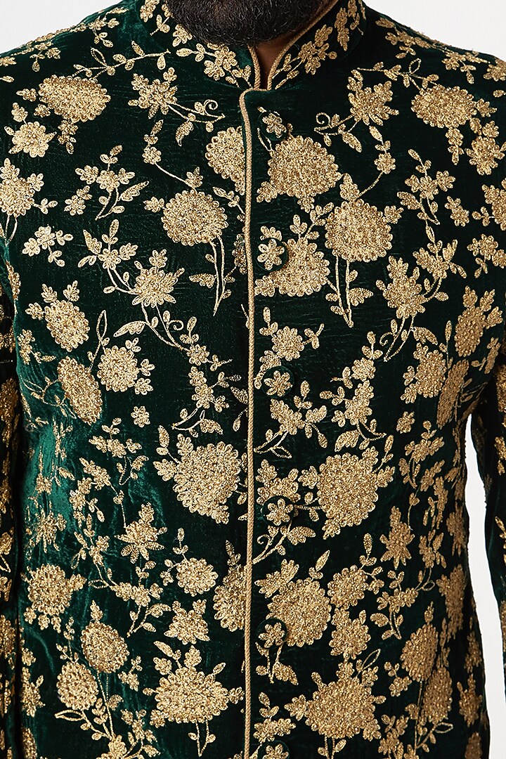 Green Embroidered Wedding Sherwani Set by GUJRALS at Pernia's Pop Up Shop