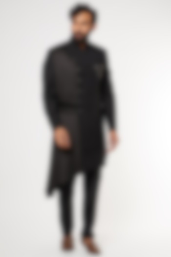 Black Wedding Sherwani Set With Side Draping by GUJRALS at Pernia's Pop Up Shop