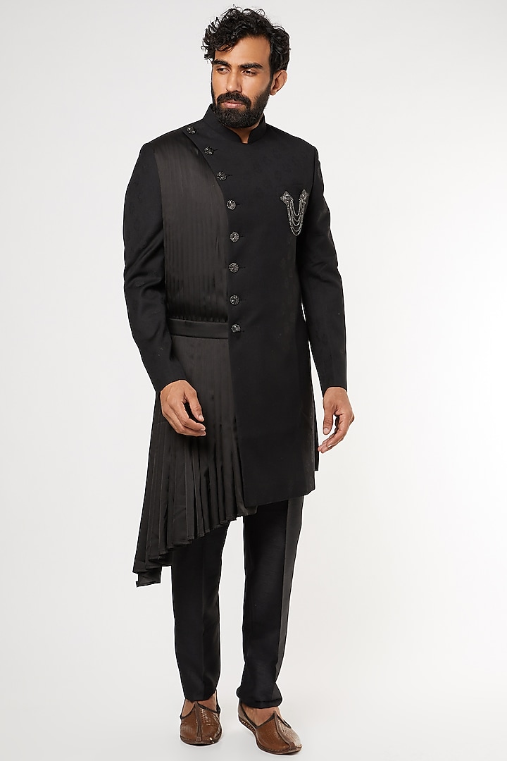 Black Wedding Sherwani Set With Side Draping by GUJRALS at Pernia's Pop ...