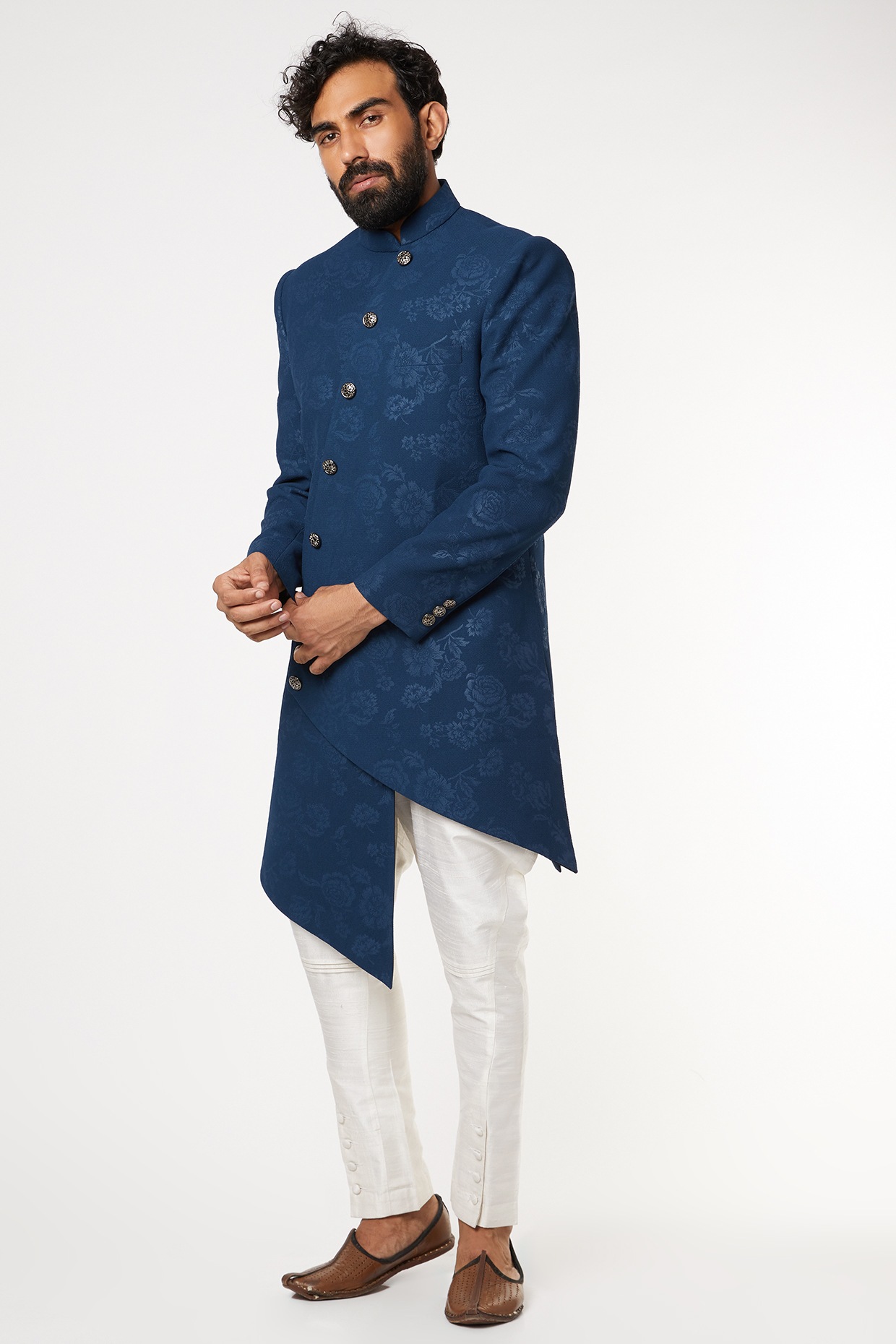 Blue Asymmetrical Sherwani Set Design 
