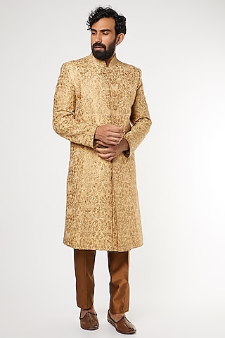 Gold Silk Embroidered Sherwani Set by GUJRALS