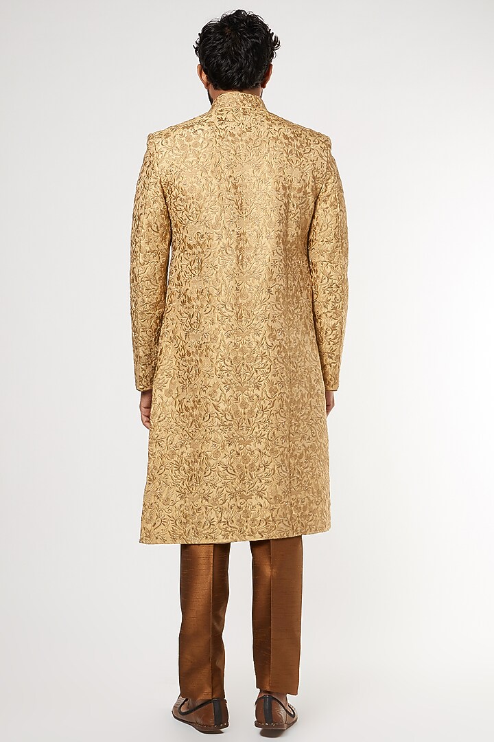 Gold Silk Embroidered Wedding Sherwani Set by GUJRALS at Pernia's Pop Up Shop