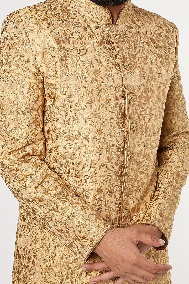 Gold Silk Embroidered Wedding Sherwani Set by GUJRALS at Pernia's Pop Up Shop