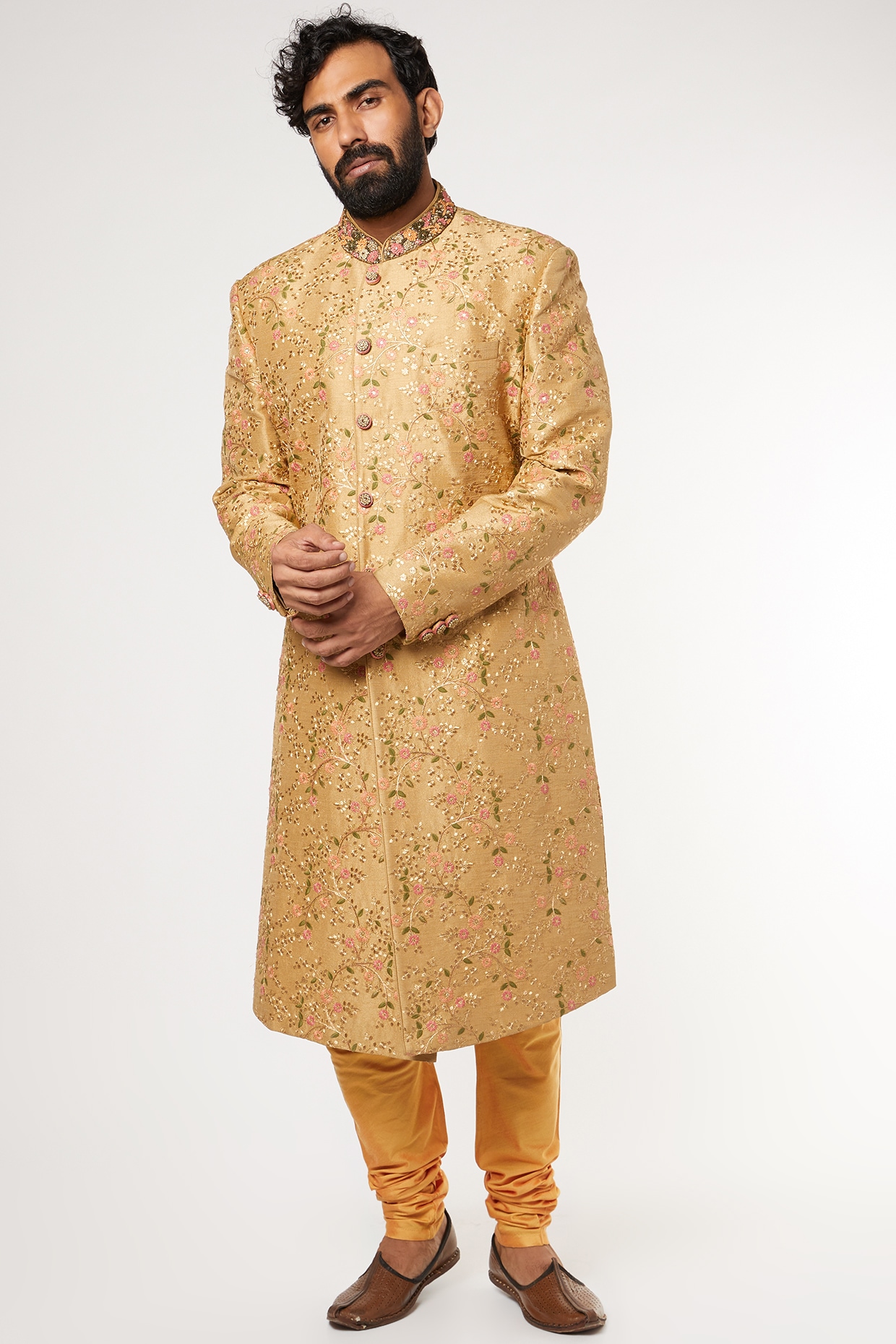 Gold Embroidered Silk Sherwani Kurta Set