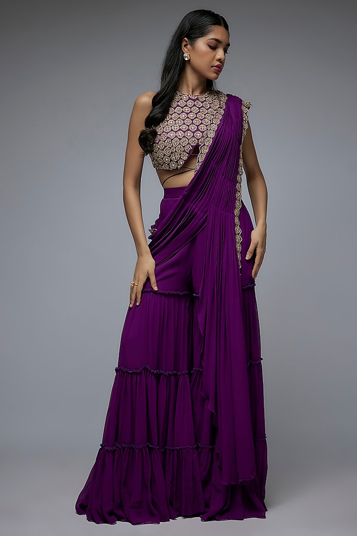 Purple Viscose & Georgette Layered Sharara Wedding Saree Set by Gulal Couture at Pernia's Pop Up Shop