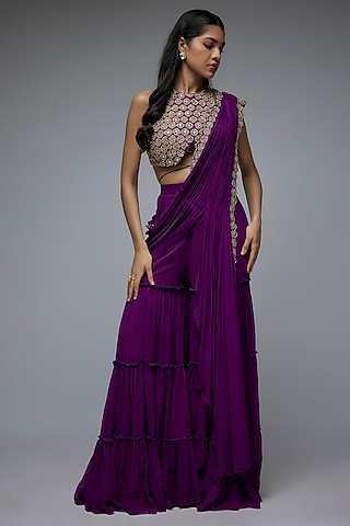 Purple Viscose & Georgette Layered Sharara Saree Set by Gulal Couture