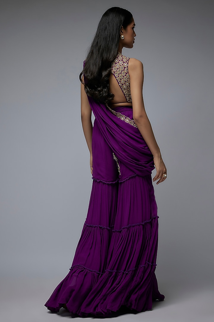 Purple Viscose & Georgette Layered Sharara Wedding Saree Set by Gulal Couture at Pernia's Pop Up Shop