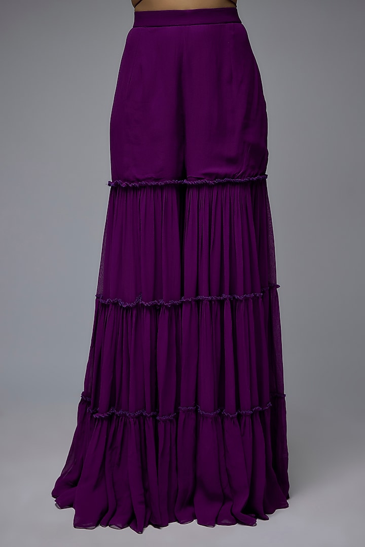 Purple Viscose & Georgette Layered Sharara Wedding Saree Set by Gulal Couture at Pernia's Pop Up Shop