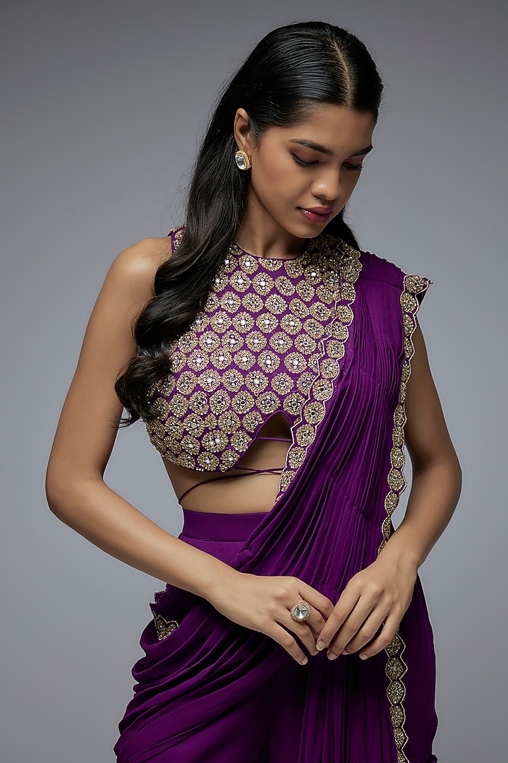 Purple Viscose & Georgette Layered Sharara Wedding Saree Set by Gulal Couture at Pernia's Pop Up Shop