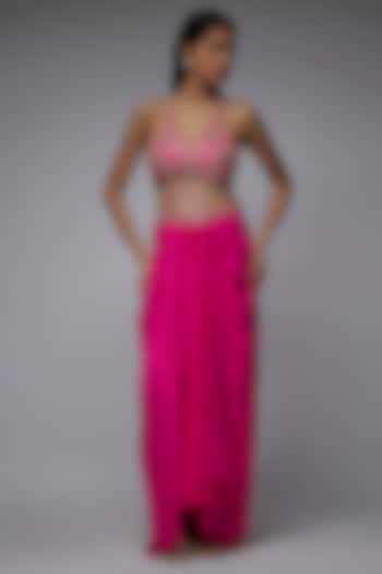 Hot Pink Viscose & Crepe Embroidered Draped Skirt Set by Gulal Couture at Pernia's Pop Up Shop