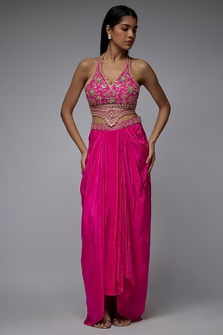 Hot Pink Viscose & Crepe Embroidered Draped Skirt Set by Gulal Couture