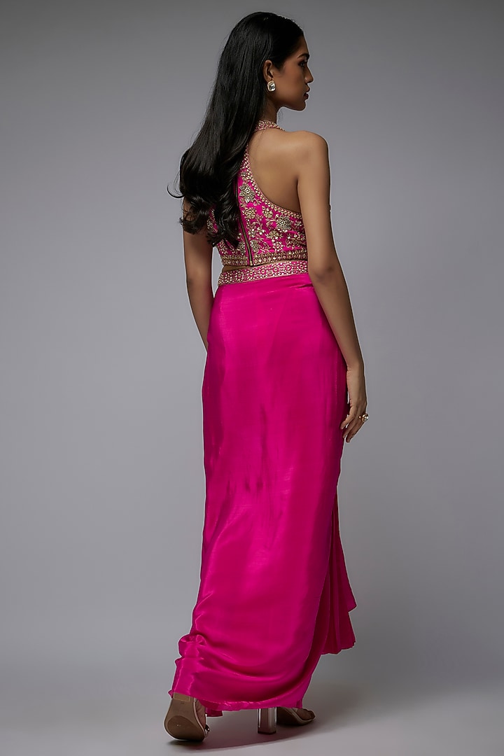 Hot Pink Viscose & Crepe Embroidered Draped Skirt Set by Gulal Couture at Pernia's Pop Up Shop