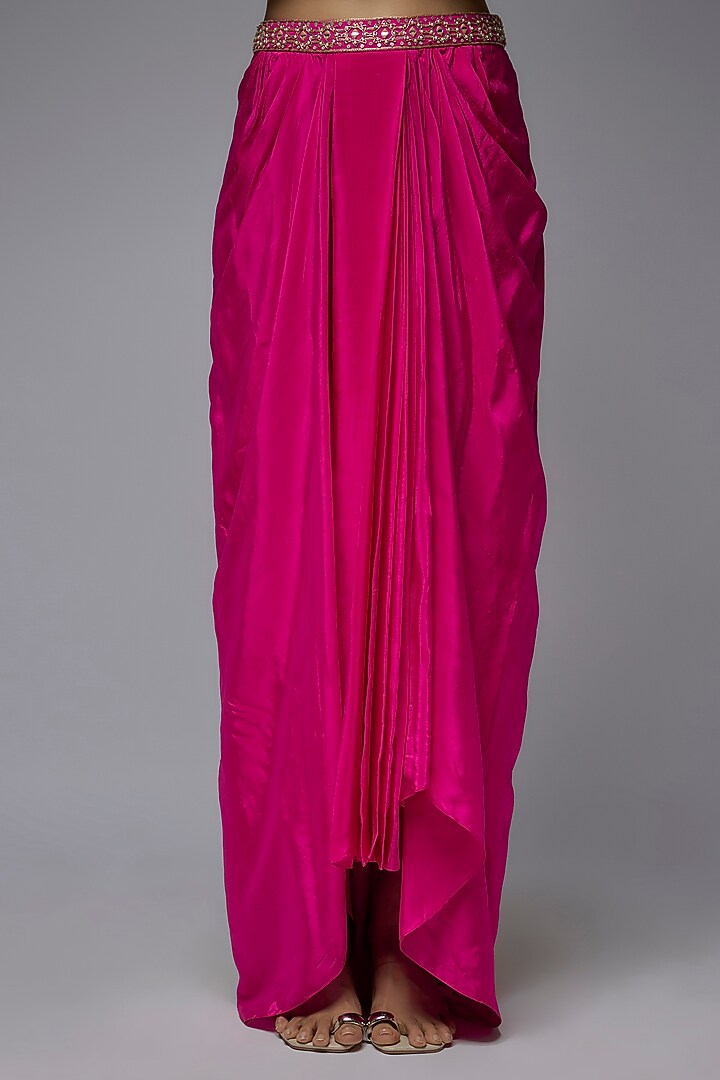 Hot Pink Viscose & Crepe Embroidered Draped Skirt Set by Gulal Couture at Pernia's Pop Up Shop