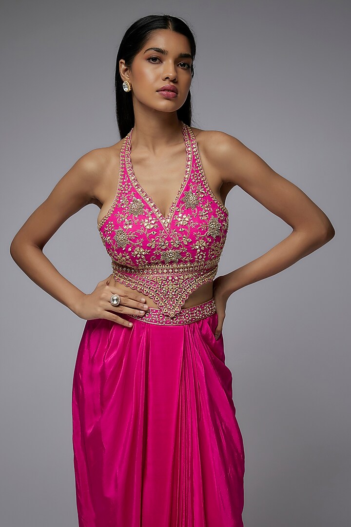 Hot Pink Viscose & Crepe Embroidered Draped Skirt Set by Gulal Couture at Pernia's Pop Up Shop