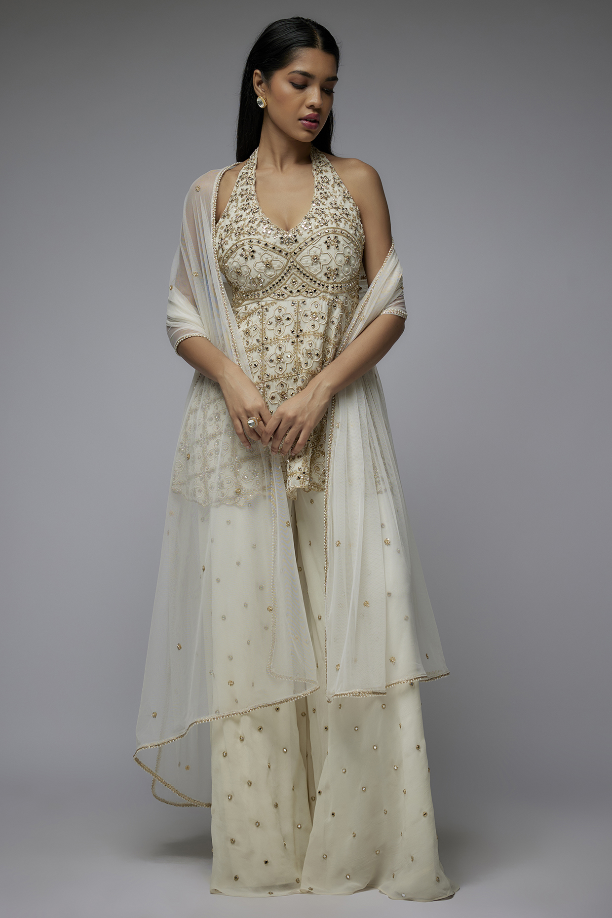 Ivory Georgette Machine Embroidered Wedding Sharara Set by Gulal Couture at Pernia's Pop Up Shop