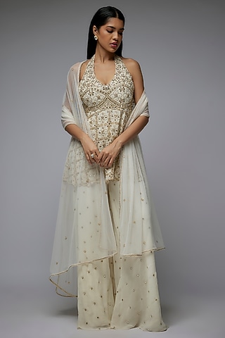 Ivory Georgette Machine Embroidered Sharara Set by Gulal Couture