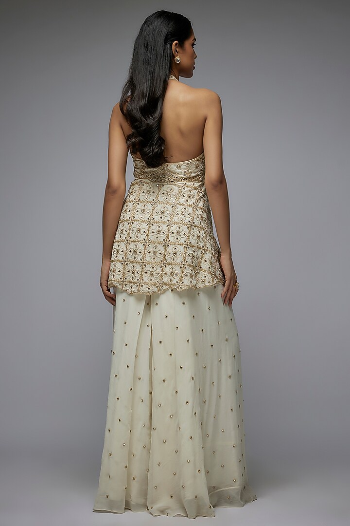 Ivory Georgette Machine Embroidered Wedding Sharara Set by Gulal Couture at Pernia's Pop Up Shop