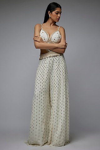 Ivory Georgette & Viscose Hand Embroidered Jumpsuit by Gulal Couture
