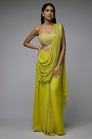 Lime Green Viscose & Georgette Mirror Embroidered Skirt Saree Set by Gulal Couture