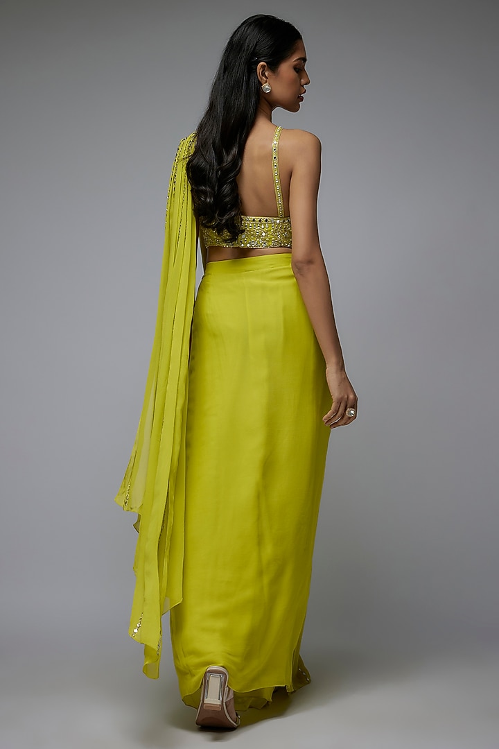Lime Green Viscose & Georgette Mirror Embroidered Skirt Wedding Saree Set by Gulal Couture at Pernia's Pop Up Shop