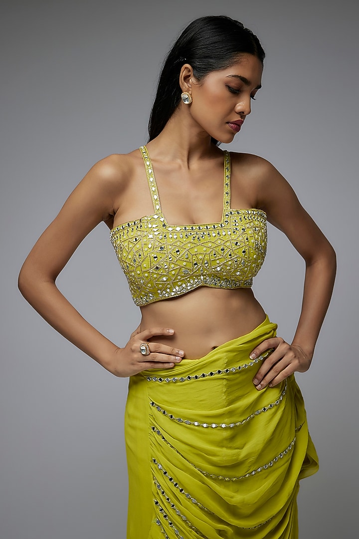 Lime Green Viscose & Georgette Mirror Embroidered Skirt Wedding Saree Set by Gulal Couture at Pernia's Pop Up Shop