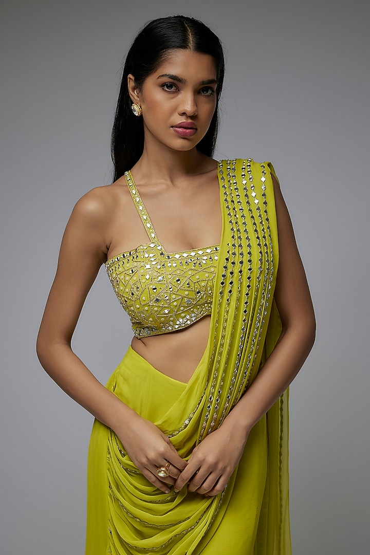 Lime Green Viscose & Georgette Mirror Embroidered Skirt Wedding Saree Set by Gulal Couture at Pernia's Pop Up Shop